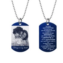 Blue - To Our Daughter From Mom and Dad Text/photo Engraving Custom Dog Tag w/ Dot Ball Chain Necklace 24" - Handmade