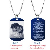 Blue - To Our Daughter From Mom and Dad Photo Engraving Custom Dog Tag w/ Dot Ball Chain Necklace 24″ - Handmade