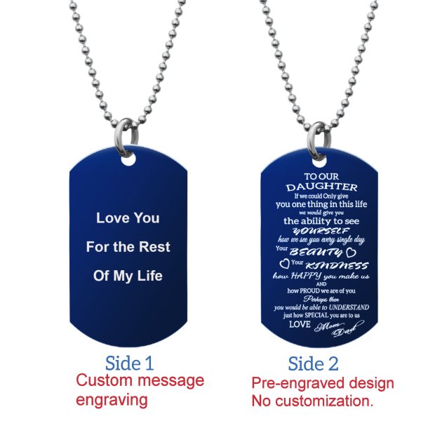 Blue - To Our Daughter From Mom and Dad Text Engraving Custom Dog Tag w/ Dot Ball Chain Necklace 24" - Handmade