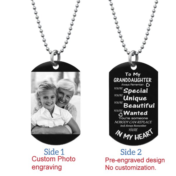 Granddaughter Braver Stronger Smarter Love Personalized Photo Engraving Custom Dog Tag w/ Dot Ball Chain Necklace 24" - Handmade