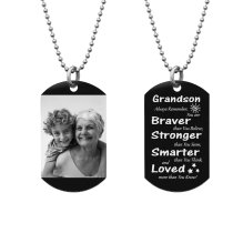 Grandson Braver Stronger Smarter Love Personalized Photo Engraving Custom Dog Tag w/ Dot Ball Chain Necklace 24" - Handmade