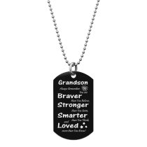 Grandson Braver Stronger Smarter Love Text Engraved Dog Tag w/ Dot Ball Chain Necklace 24″ - Handmad