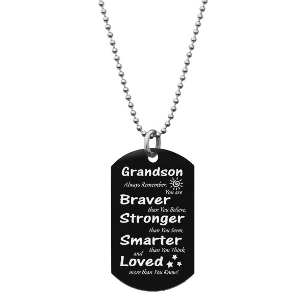 Grandson Braver Stronger Smarter Love Text Engraved Dog Tag w/ Dot Ball Chain Necklace 24" - Handmad