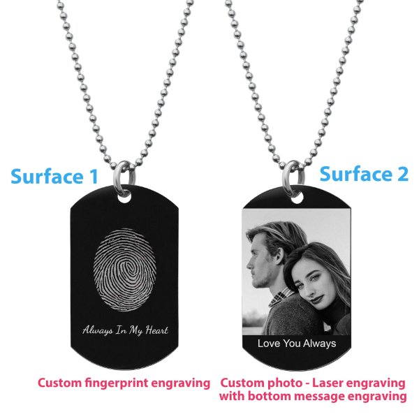 Stainless Steel Personalized Poval Fingerprint + Photo/text Engraving Custom Dog Tag w/ Dot Ball Chain Necklace 24" - Handmade