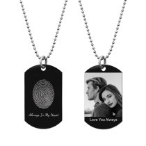 Stainless Steel Personalized Poval Fingerprint + Photo/text Engraving Custom Dog Tag w/ Dot Ball Chain Necklace 24" - Handmade