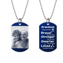 Grandson Braver Stronger Smarter Love Personalized Photo Engraving Custom Dog Tag w/ Dot Ball Chain Necklace 24" - Handmade