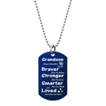 Grandson Braver Stronger Smarter Love Text Engraved Dog Tag w/ Dot Ball Chain Necklace 24″ - Handmad