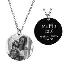 Round Plate Double-sided Engraving Personalized Photo and Message Pendant Chain Necklace 18.5 in + 2.5 in