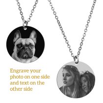 Round Plate Double-sided Engraving Personalized Photo and Message Pendant Chain Necklace 18.5 in + 2.5 in