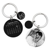 Round Custom Engraved Photo Personalized Calendar Date with Love U to the Moon & Back Stainless Steel Dog Tag Keychain