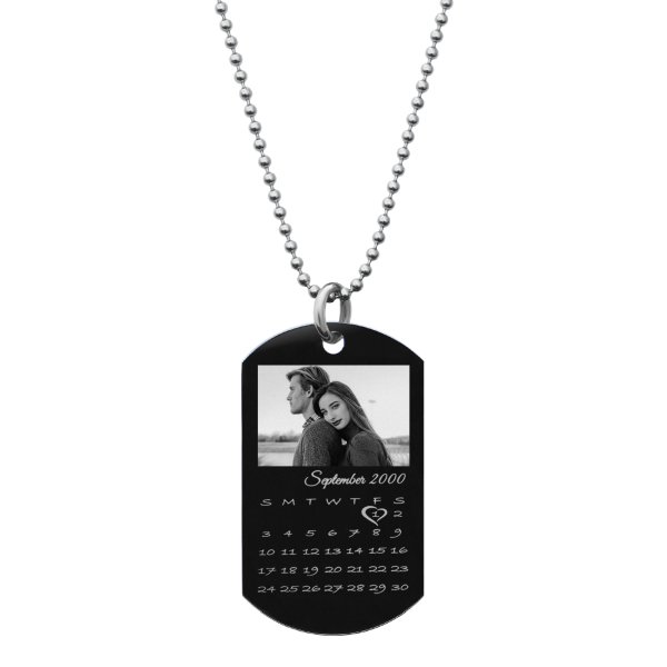 Custom Engraved Photo Personalized Calendar Date Dog Tag w/ Dot Ball Chain Necklace 24" - Handmad