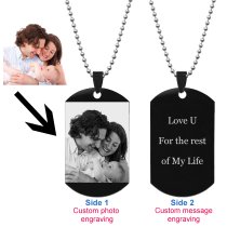 Photo Text Message Laser Engraving Personalized Pendant Dog Tag Stainless Steel Necklace Ball Chain 24''