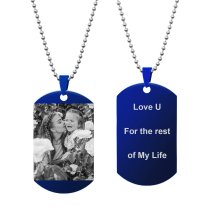 Queenberry Photo Text Message Laser Engraving Personalized Pendant Dog Tag Stainless Steel Necklace Ball Chain 24'' Blue