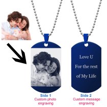 Queenberry Photo Text Message Laser Engraving Personalized Pendant Dog Tag Stainless Steel Necklace Ball Chain 24'' Blue