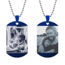 Queenberry 2 Sides Photo Laser Engraving Personalized Pendant Dog Tag Stainless Steel Necklace Ball Chain 24'' Blue