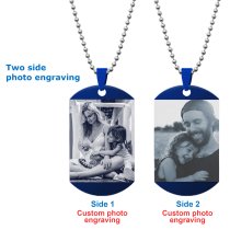 Queenberry 2 Sides Photo Laser Engraving Personalized Pendant Dog Tag Stainless Steel Necklace Ball Chain 24'' Blue