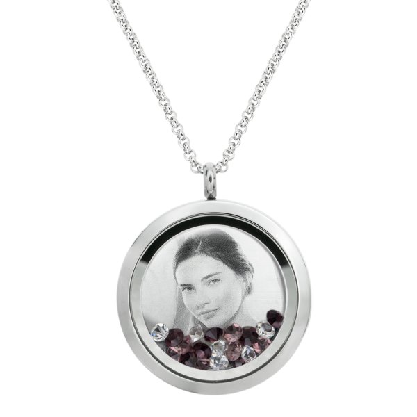 Engraved Personalized Photo Floating Pink Crystals Necklace Pendant