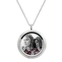 Engraved Personalized Photo Floating Pink Crystals Necklace Pendant