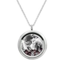 Engraved Personalized Photo Floating Pink Crystals Necklace Pendant