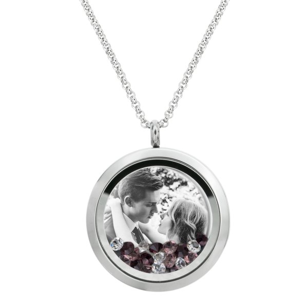 Engraved Personalized Photo + Custom Message Floating Pink Crystals Necklace Pendant