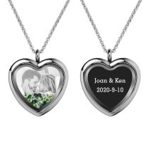 Engraved Personalized Photo + Text Heart Floating Crystal Chain Necklace Pendant Handmade Gift - Green