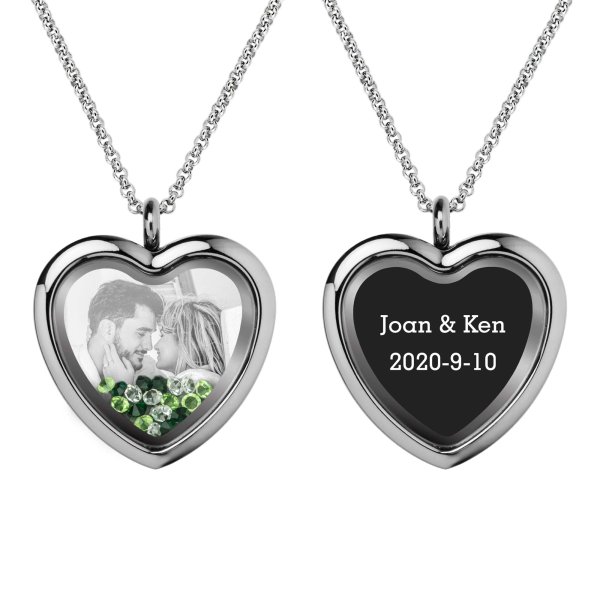 Engraved Personalized Photo + Text Heart Floating Crystal Chain Necklace Pendant Handmade Gift - Green