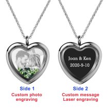 Engraved Personalized Photo + Text Heart Floating Crystal Chain Necklace Pendant Handmade Gift - Green