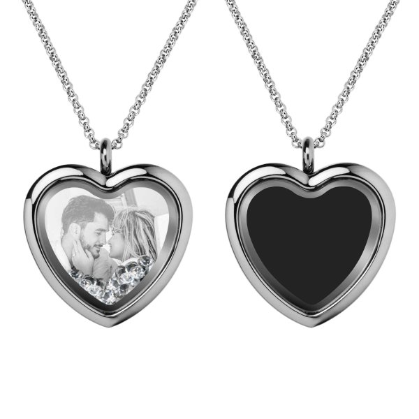 Engraved Personalized Photo Heart Floating Crystal Chain Necklace Pendant Handmade Gift - Clear