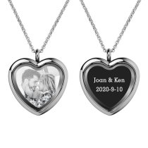 Engraved Personalized Photo + Text Heart Floating Crystal Chain Necklace Pendant Handmade Gift - Clear