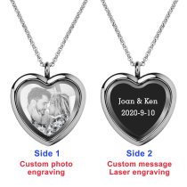 Engraved Personalized Photo + Text Heart Floating Crystal Chain Necklace Pendant Handmade Gift - Clear