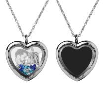 Engraved Personalized Photo Heart Floating Crystal Chain Necklace Pendant Handmade Gift - Blue