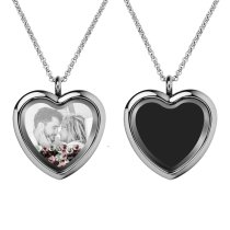 Engraved Personalized Photo Heart Floating Crystal Chain Necklace Pendant Handmade Gift - Pink