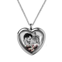 Engraved Personalized Photo Heart Floating Crystal Chain Necklace Pendant Handmade Gift - Pink