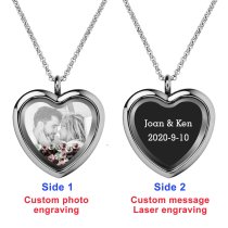 Engraved Personalized Photo + Text Heart Floating Crystal Chain Necklace Pendant Handmade Gift - Purple