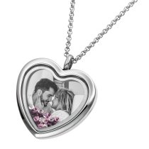 Engraved Personalized Photo + Text Heart Floating Crystal Chain Necklace Pendant Handmade Gift - Purple