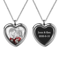Engraved Personalized Photo + Text Heart Floating Crystal Chain Necklace Pendant Handmade Gift - Red