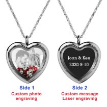 Engraved Personalized Photo + Text Heart Floating Crystal Chain Necklace Pendant Handmade Gift - Red