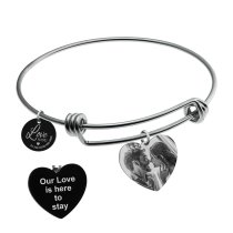 Queenberry Qina C. Love You to the Moon and Back Personalized Photo Message Text Engraving Bangle Dangle Heart Charm Adjustable Wire Bracelet Inspirational Gift