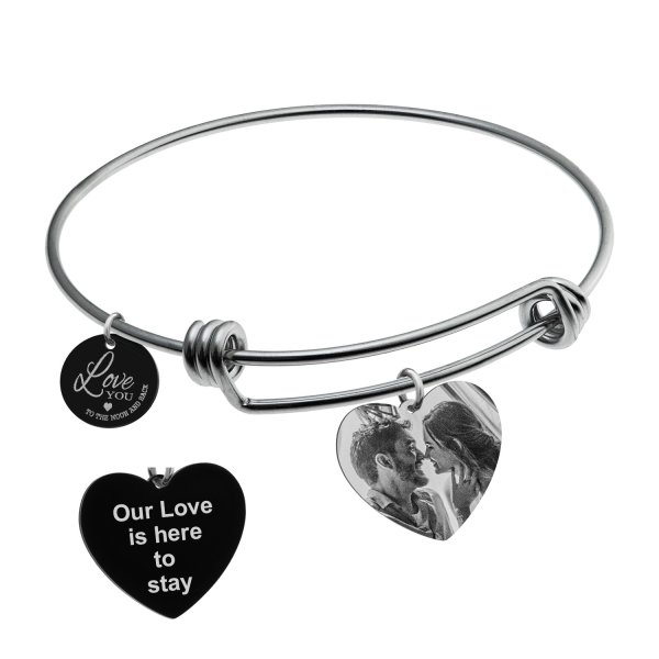 Queenberry Qina C. Love You to the Moon and Back Personalized Photo Message Text Engraving Bangle Dangle Heart Charm Adjustable Wire Bracelet Inspirational Gift