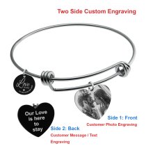 Queenberry Qina C. Love You to the Moon and Back Personalized Photo Message Text Engraving Bangle Dangle Heart Charm Adjustable Wire Bracelet Inspirational Gift