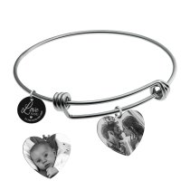 Qina C. Love You to the Moon and Back 2 Sided Personalized Photo Engraving Bangle Dangle Heart Charm Adjustable Wire Bracelet Inspirational Gift