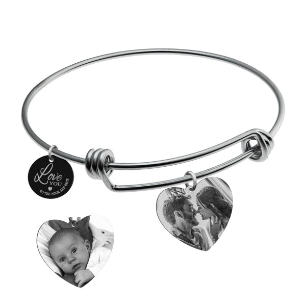 Qina C. Love You to the Moon and Back 2 Sided Personalized Photo Engraving Bangle Dangle Heart Charm Adjustable Wire Bracelet Inspirational Gift