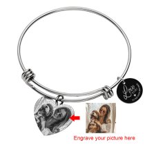 Qina C. Love You to the Moon and Back 2 Sided Personalized Photo Engraving Bangle Dangle Heart Charm Adjustable Wire Bracelet Inspirational Gift