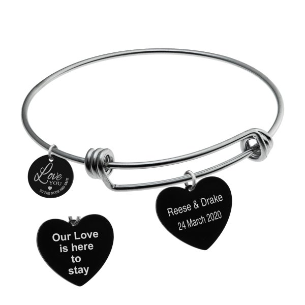 Qina C. Love You to the Moon and Back 2 Sided Personalized Text Engraving Bangle Dangle Heart Charm Adjustable Wire Bracelet Inspirational Gift