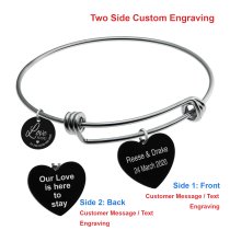 Qina C. Love You to the Moon and Back 2 Sided Personalized Text Engraving Bangle Dangle Heart Charm Adjustable Wire Bracelet Inspirational Gift