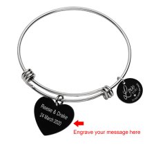 Qina C. Love You to the Moon and Back 1 Sided Personalized Text Engraving Bangle Dangle Heart Charm Adjustable Wire Bracelet Inspirational Gift