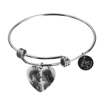 Qina C. Love You to the Moon and Back 1 Sided Personalized Photo Engraving Bangle Dangle Heart Charm Adjustable Wire Bracelet Inspirational Gift