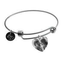 Qina C. Love You to the Moon and Back 1 Sided Personalized Photo Engraving Bangle Dangle Heart Charm Adjustable Wire Bracelet Inspirational Gift