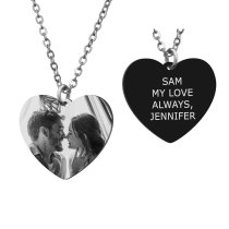 Heart Plate 1 Side Photo + 1 Side Text Engraving Personalized Photo and Message Pendant Chain Necklace 18.5 in + 2.5 in