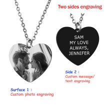 Heart Plate 1 Side Photo + 1 Side Text Engraving Personalized Photo and Message Pendant Chain Necklace 18.5 in + 2.5 in
